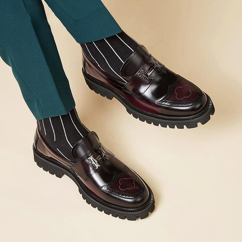 Edward - Men's Chunky Platform Brogue Loafers with Buckle Strap - Loafers - Wine Red - Davies & Cooper