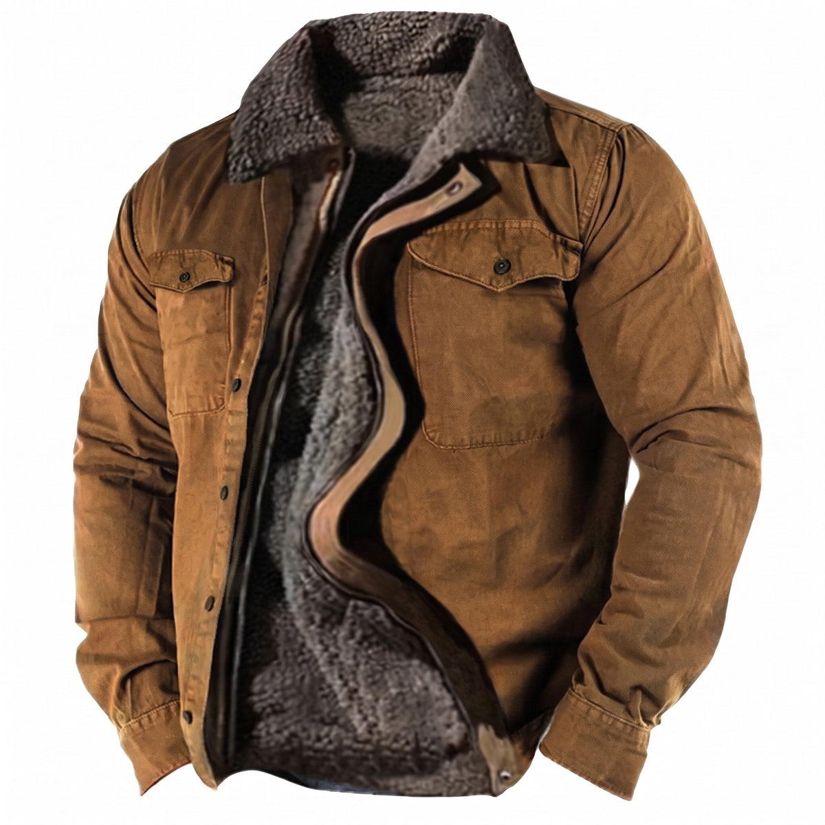 Edward - Men's Fleece-Lined Winter Shacket with Shearling Collar and Flap Pockets - Coats & Jackets - Brown - Davies & Cooper
