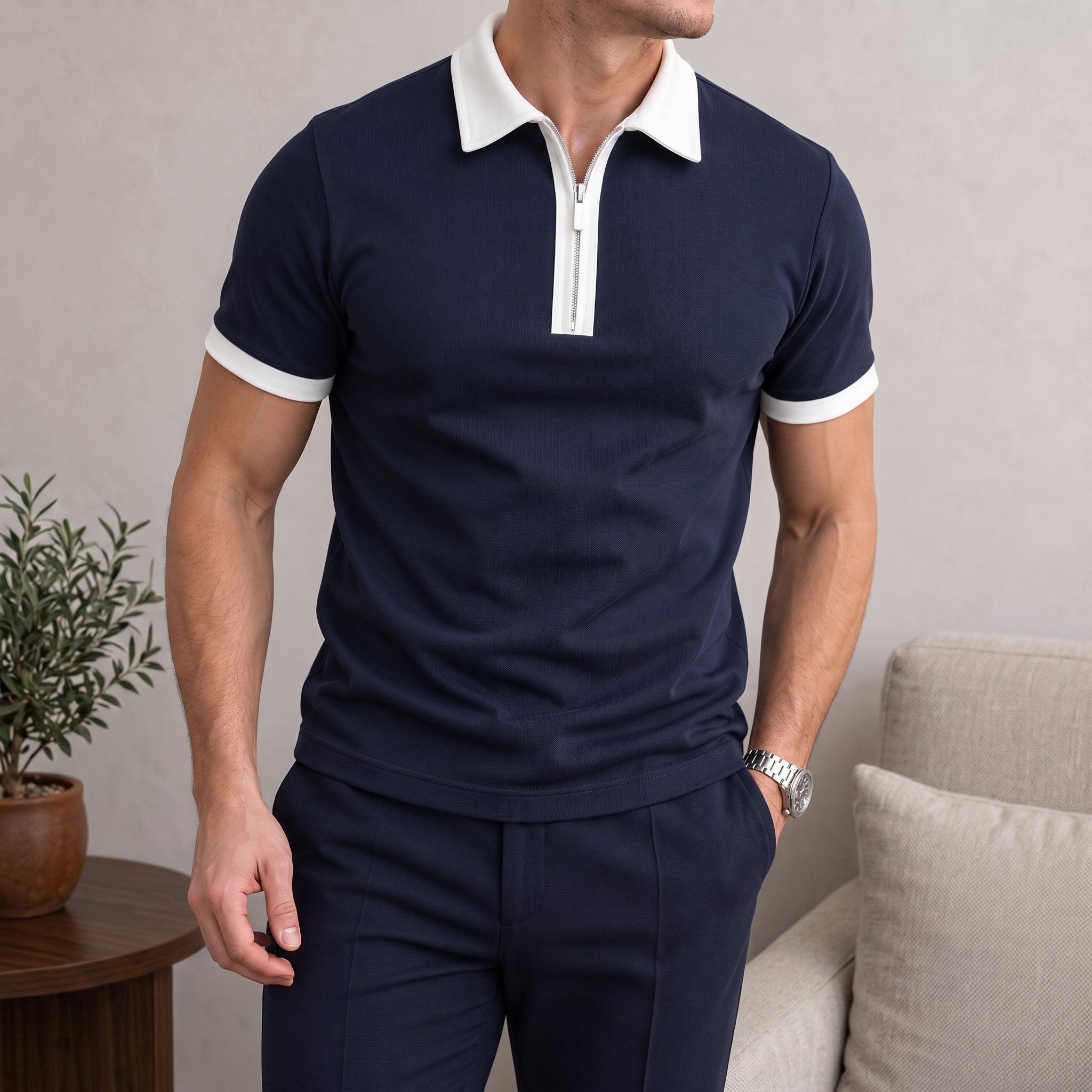 Edward - Men's Summer Quarter-Zip Contrast Trim Polo Shirt - Polos - Navy Blue - Davies & Cooper