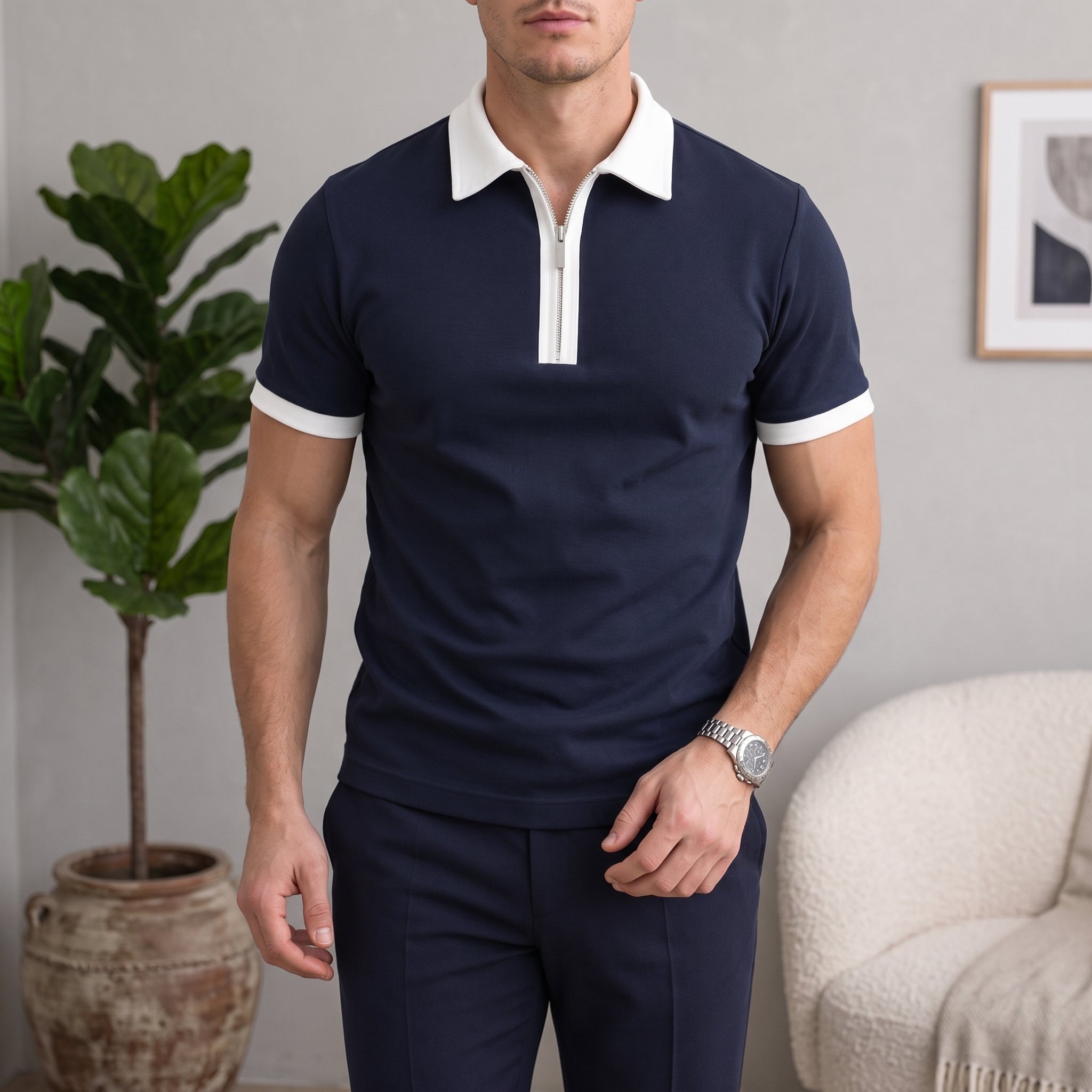 Edward - Men's Summer Quarter-Zip Contrast Trim Polo Shirt - Polos - Navy Blue - Davies & Cooper