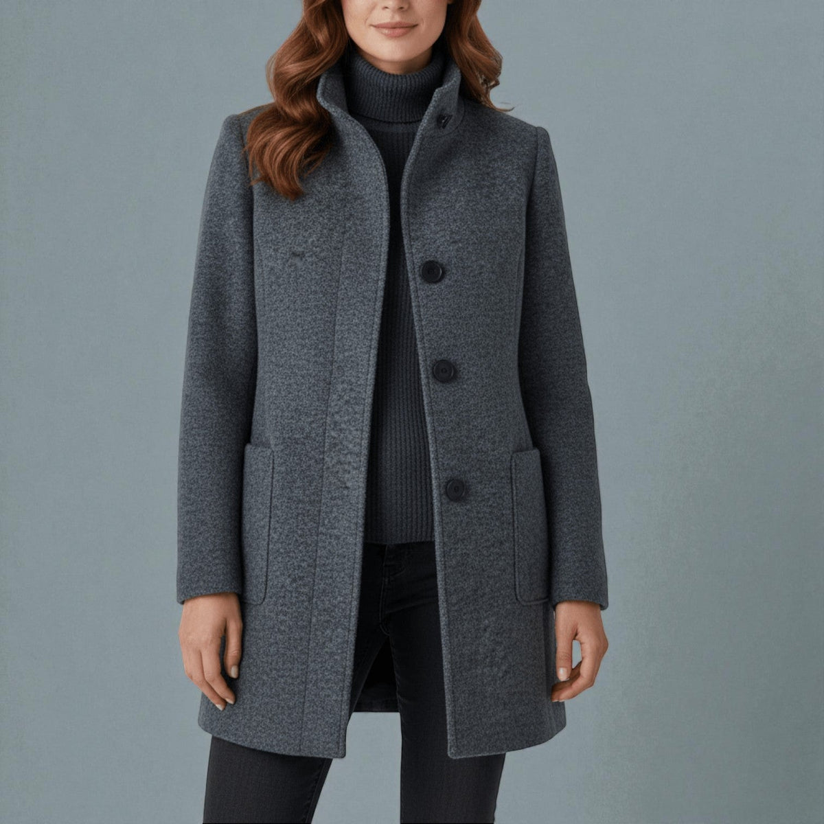 Elara – Women's Coat with Stand-Up Collar and Pockets - Coats - Grey - Davies & Cooper