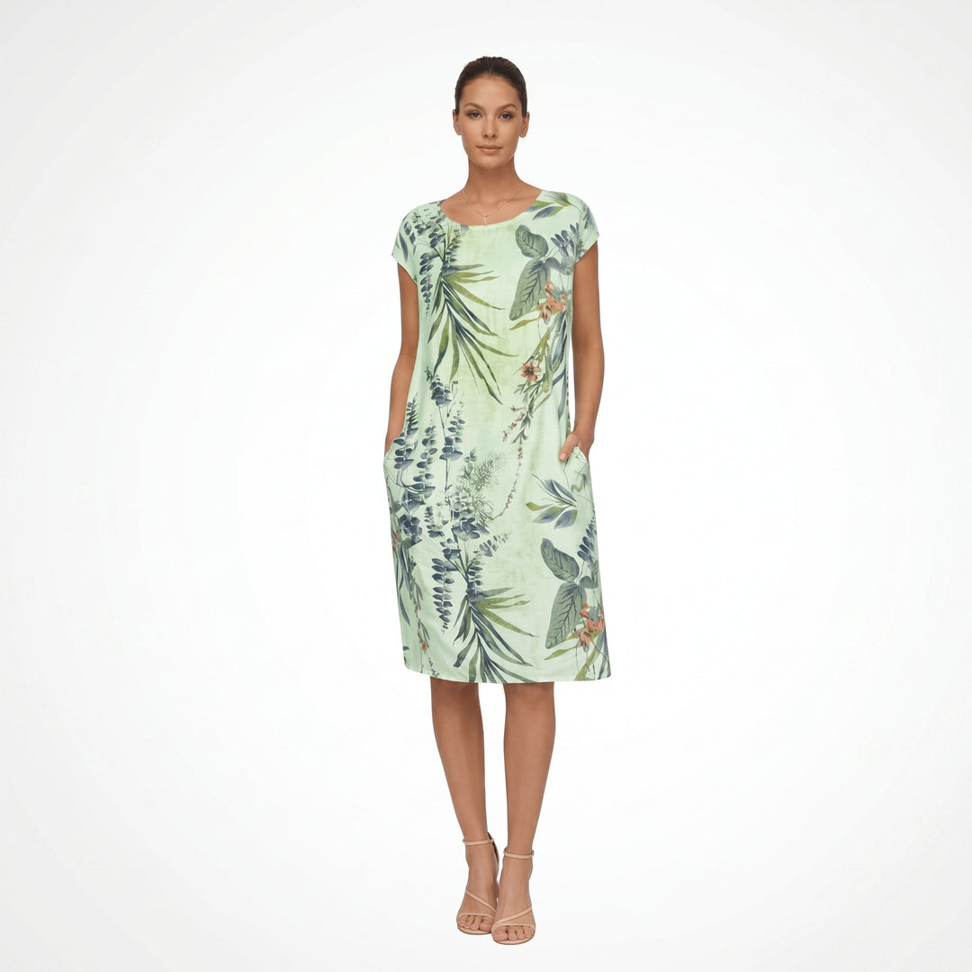 Eleanor - Women's Botanical Print Short Sleeve Midi Dress with Pockets - Midi Dress - Green - Davies & Cooper