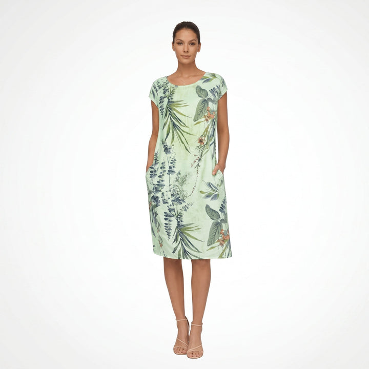 Eleanor - Women's Botanical Print Short Sleeve Midi Dress with Pockets - Midi Dress - Green - Davies & Cooper