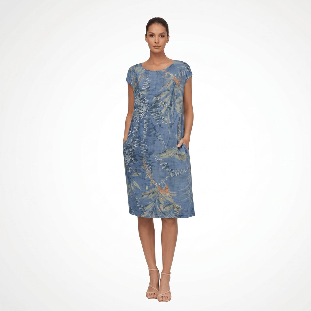 Eleanor - Women's Botanical Print Short Sleeve Midi Dress with Pockets - Midi Dress - Blue - Davies & Cooper