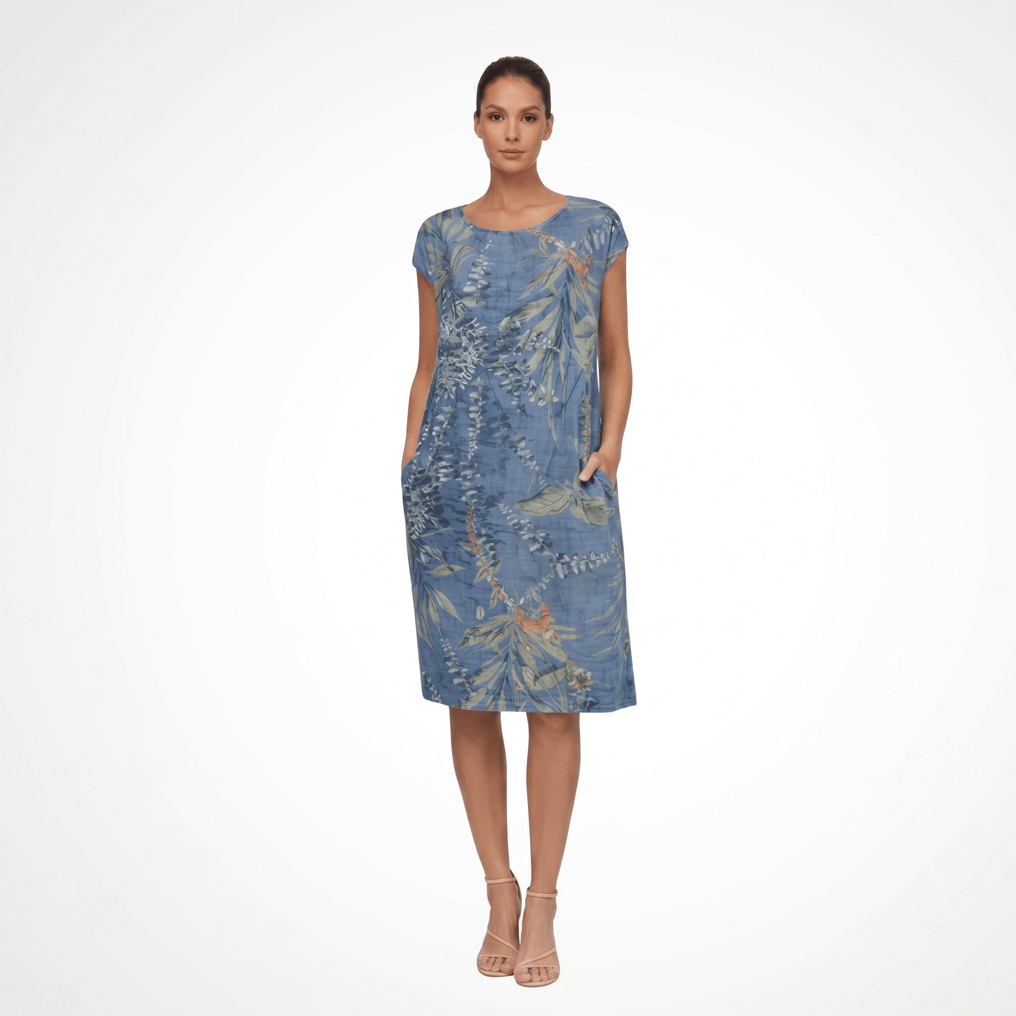 Eleanor - Women's Botanical Print Short Sleeve Midi Dress with Pockets - Midi Dress - Blue - Davies & Cooper