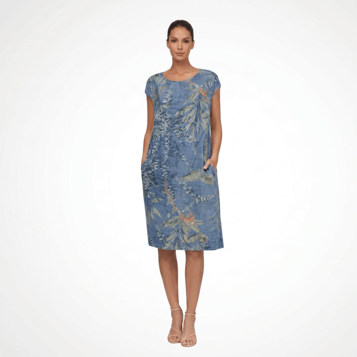 Eleanor - Women's Botanical Print Short Sleeve Midi Dress with Pockets - Midi Dress - Blue - Davies & Cooper