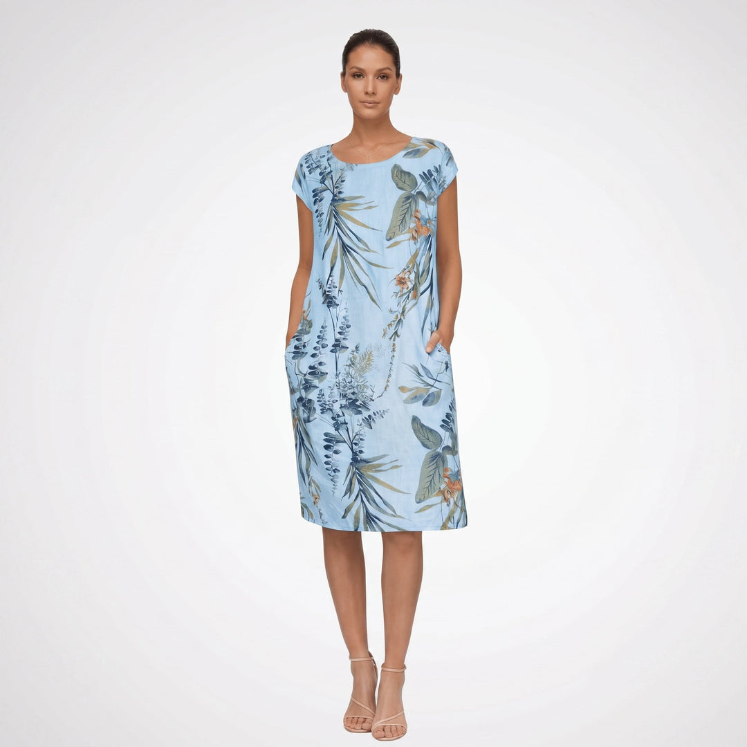 Eleanor - Women's Botanical Print Short Sleeve Midi Dress with Pockets - Midi Dress - Sky Blue - Davies & Cooper
