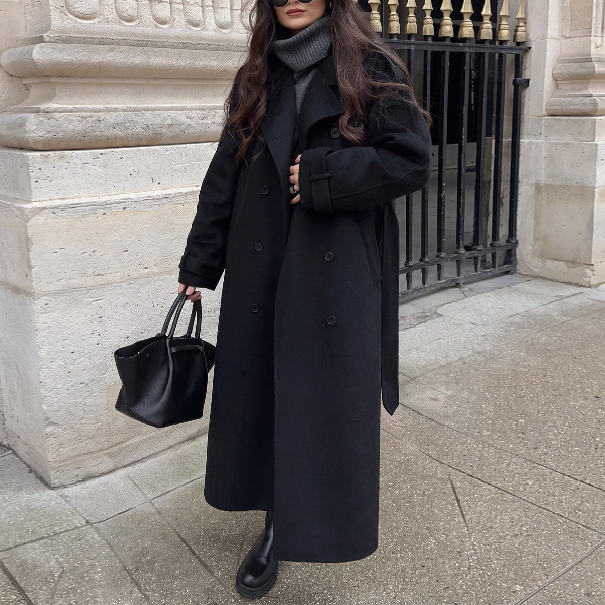 Eleanor - Women's Double-Breasted Longline Wool-Look Trench Coat with Tie Belt - Coats & Jackets - Black - Davies & Cooper