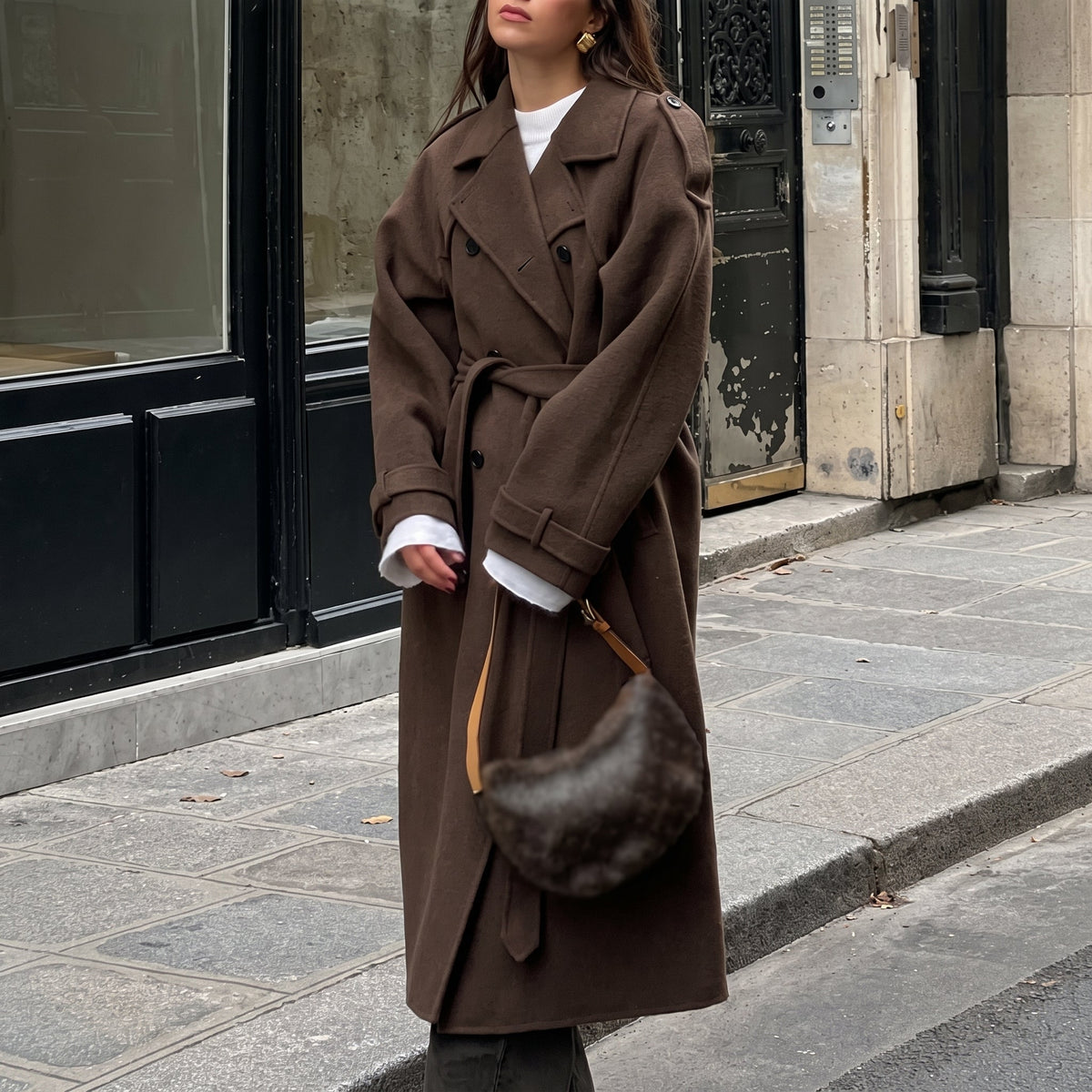 Eleanor - Women's Double-Breasted Longline Wool-Look Trench Coat with Tie Belt - Coats & Jackets - Brown - Davies & Cooper