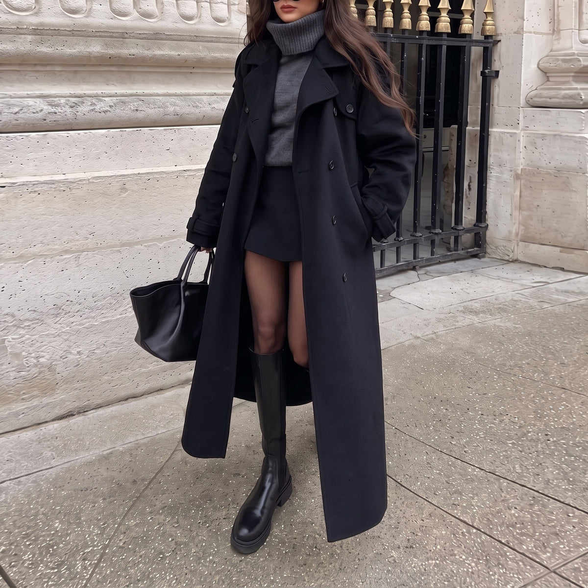 Eleanor - Women's Double-Breasted Longline Wool-Look Trench Coat with Tie Belt - Coats & Jackets - Black - Davies & Cooper