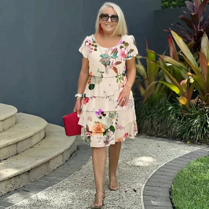 Eleanor - Women's Floral Tiered Short Sleeve Midi Dress - Midi Dress - Beige - Davies & Cooper