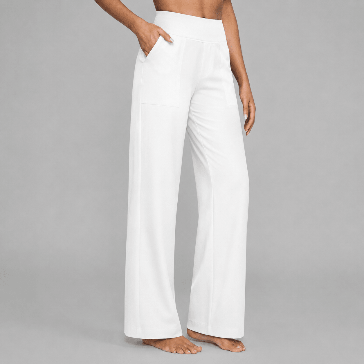 Eleanor - Women's High-Waisted Wide-Leg Trousers with Pockets - Trousers - White - Davies & Cooper