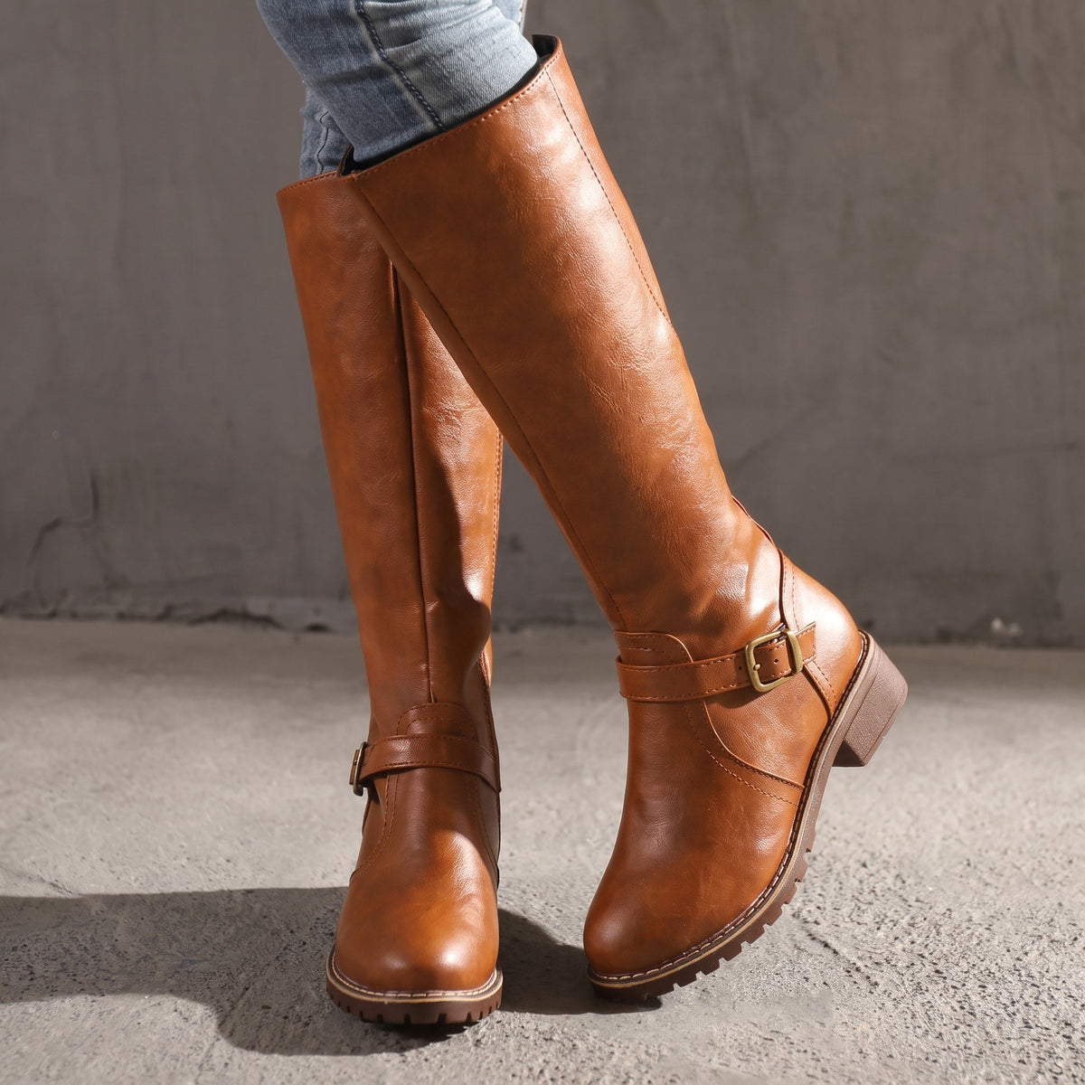 Eleanor - Women's Knee-High Buckle Strap Riding Boots with Block Heel - Boots - Brown - Davies & Cooper