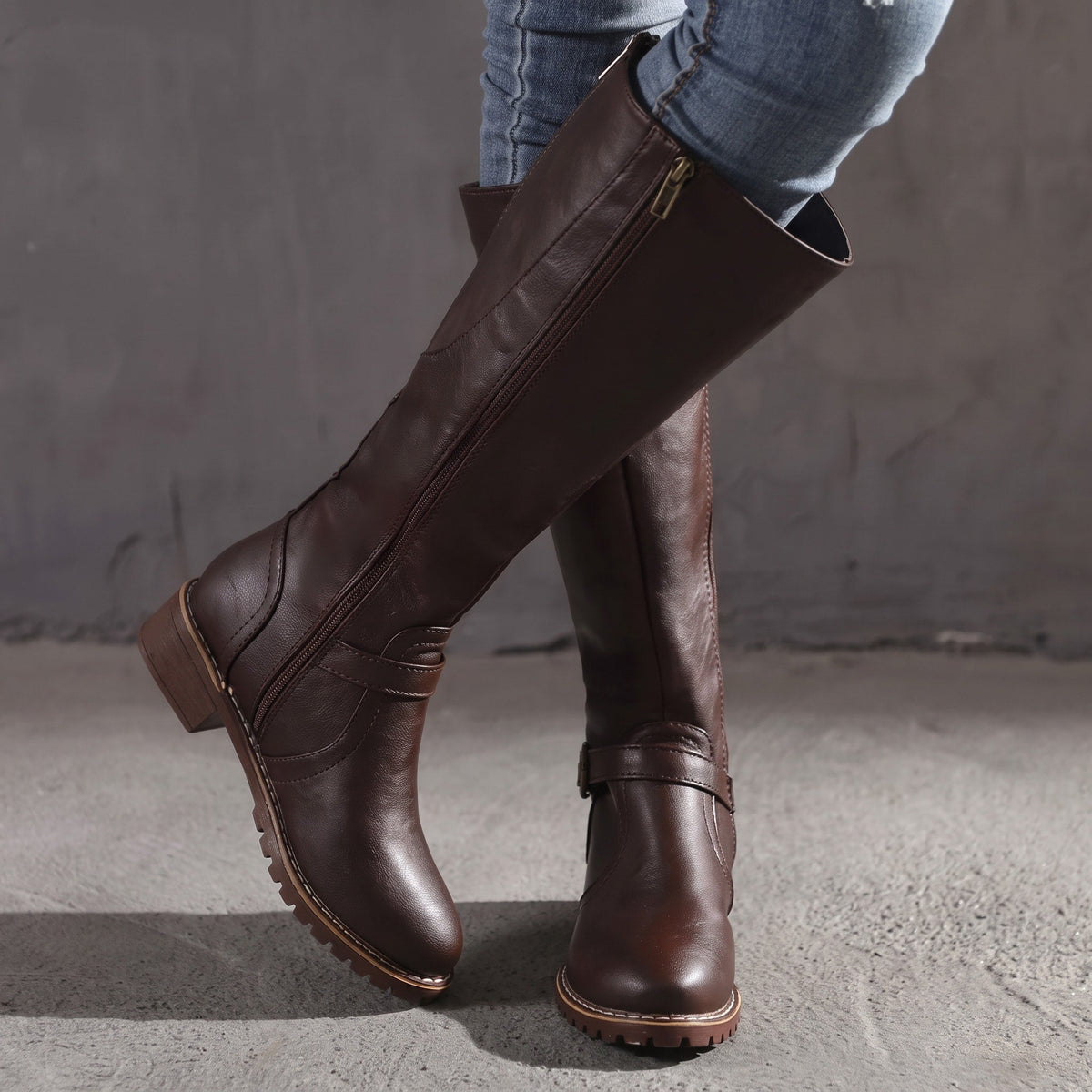 Eleanor - Women's Knee-High Buckle Strap Riding Boots with Block Heel - Boots - Dark Brown - Davies & Cooper