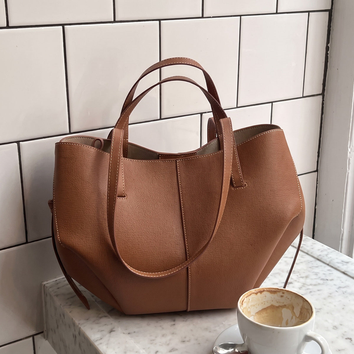 Eleanor - Women's Leather Tote Bag with Double Handles and Open Top - Tote Bags - Brown - Davies & Cooper