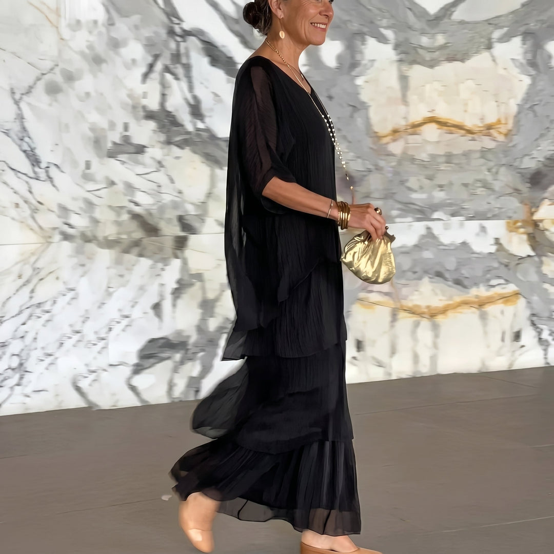 Eleanor - Women's Summer Batwing Sleeve Tiered Maxi Dress - Maxi Dresses - Black - Davies & Cooper