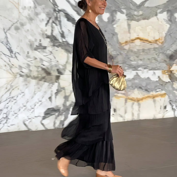 Eleanor - Women's Summer Batwing Sleeve Tiered Maxi Dress - Maxi Dresses - Black - Davies & Cooper