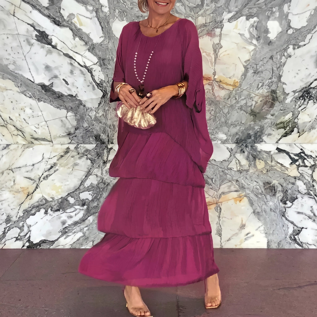 Eleanor - Women's Summer Batwing Sleeve Tiered Maxi Dress - Maxi Dresses - Burgundy - Davies & Cooper