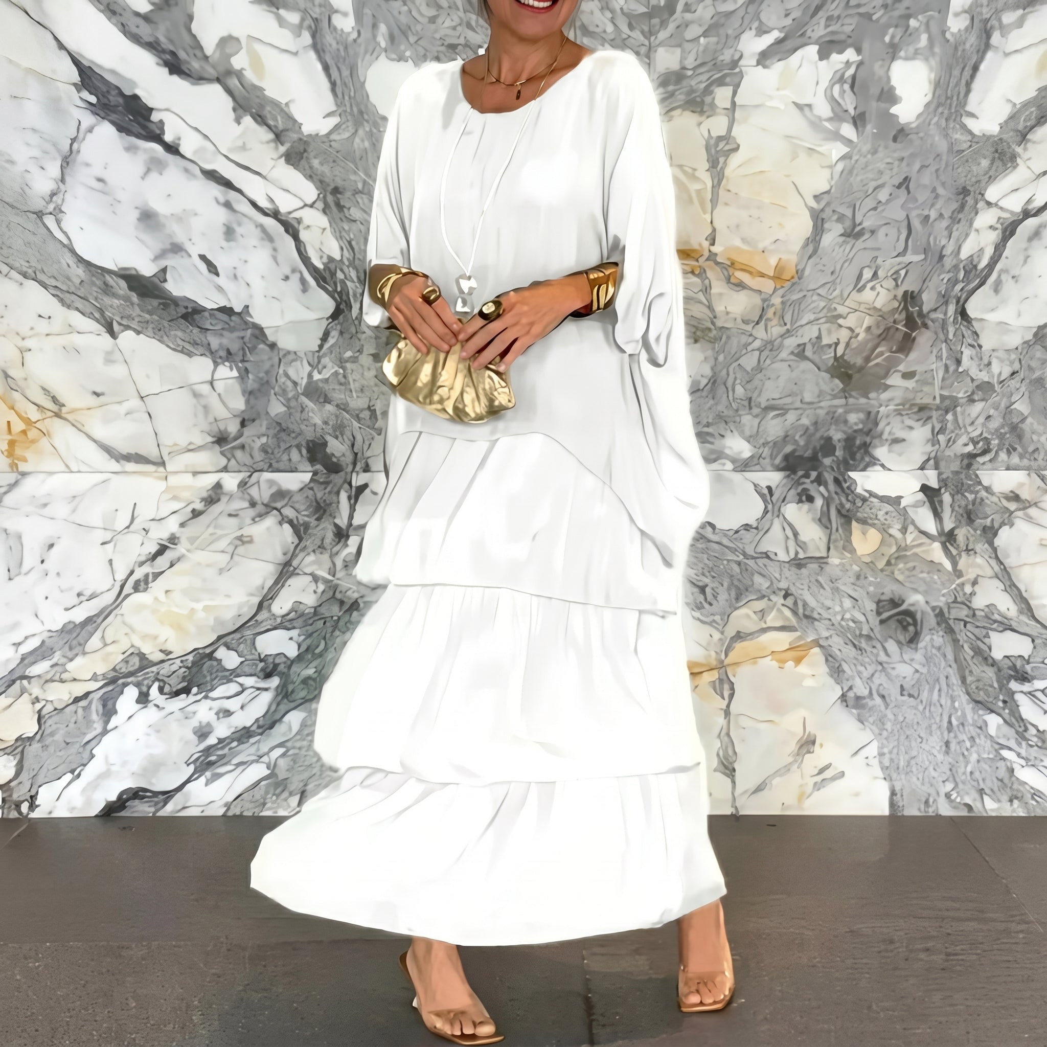 Eleanor - Women's Summer Batwing Sleeve Tiered Maxi Dress - Maxi Dresses - White - Davies & Cooper