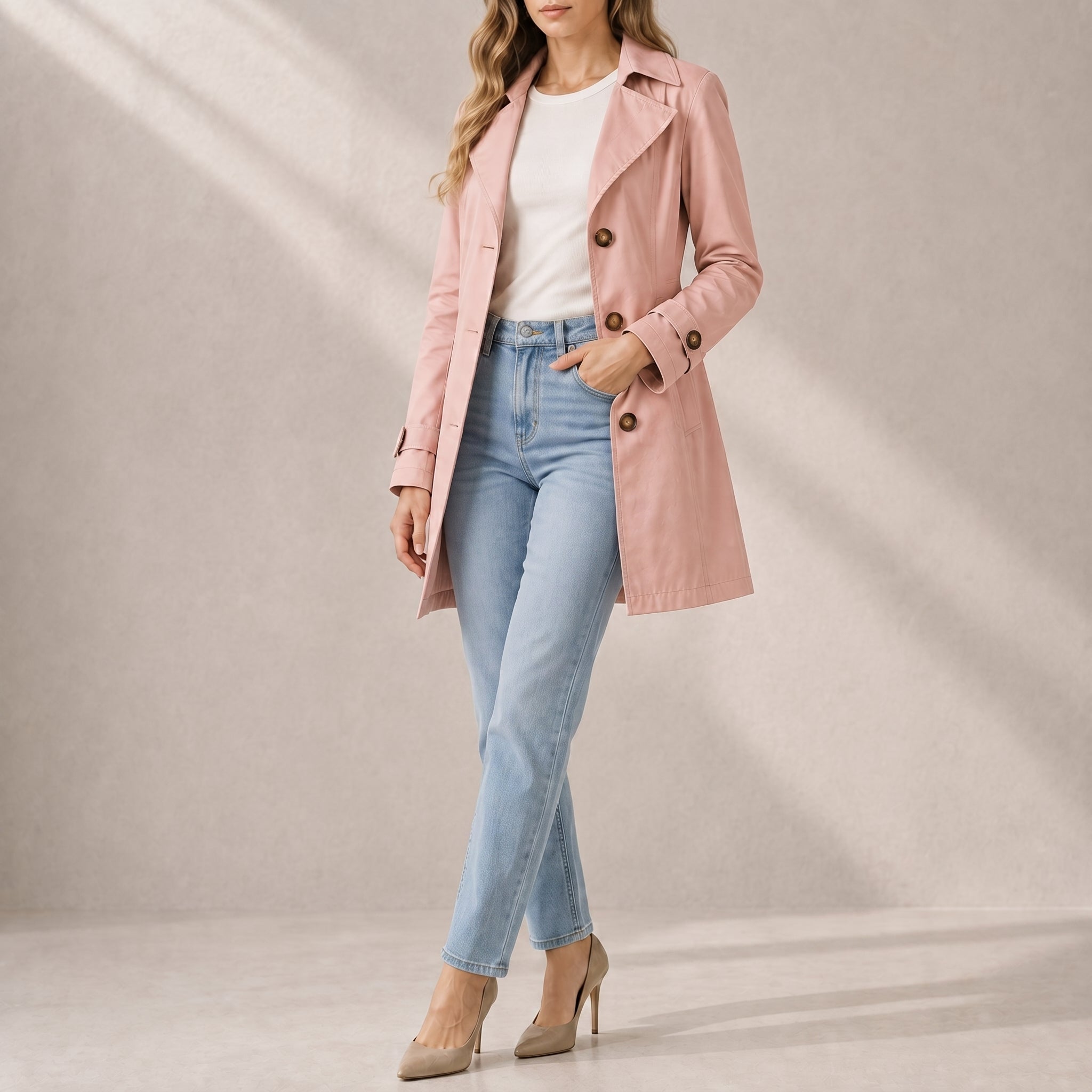 Eleanor - Women's Tailored Short Trench Coat with Notch Lapel - Trench Coats - Pink - Davies & Cooper