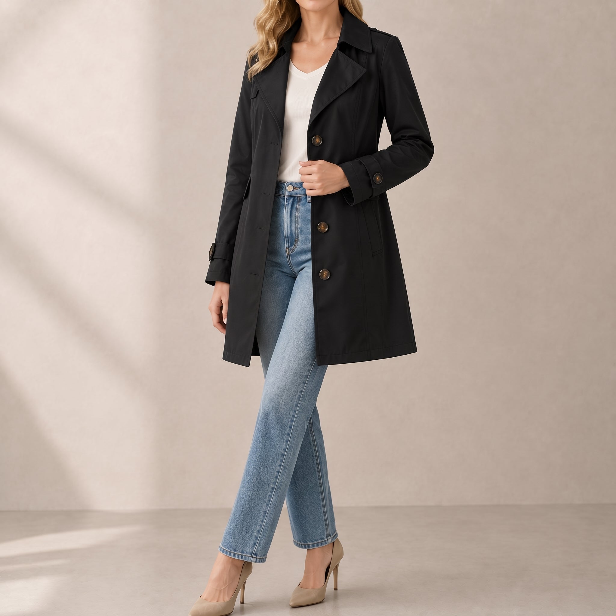 Eleanor - Women's Tailored Short Trench Coat with Notch Lapel - Trench Coats - Black - Davies & Cooper