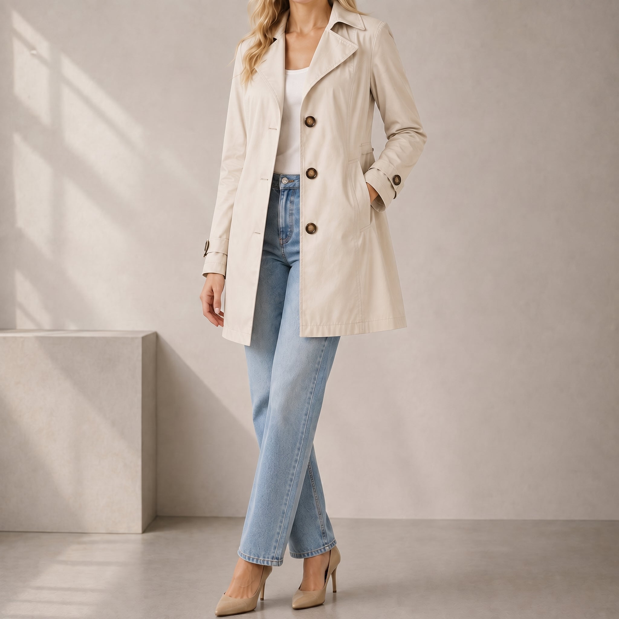 Eleanor - Women's Tailored Short Trench Coat with Notch Lapel - Trench Coats - Beige - Davies & Cooper