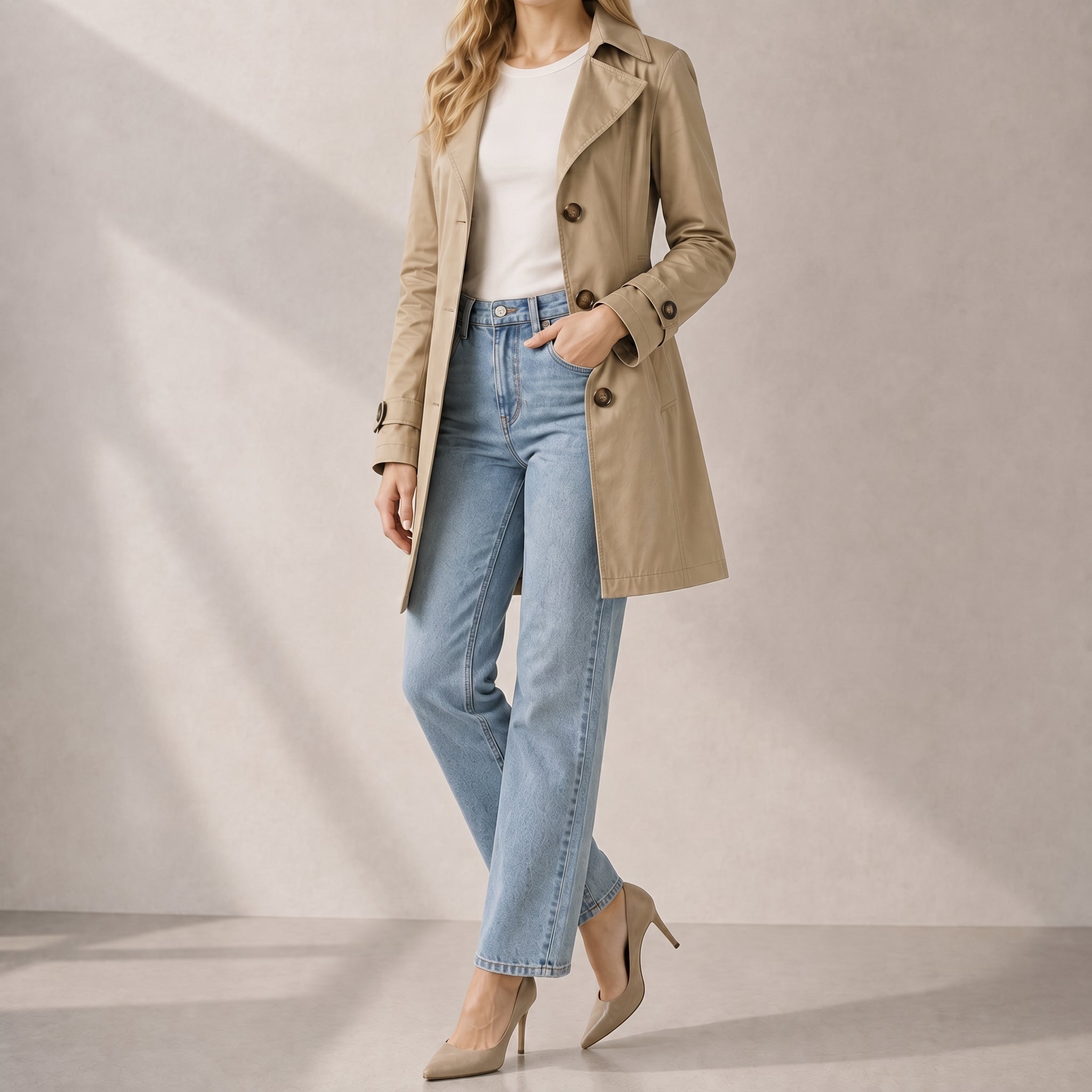 Eleanor - Women's Tailored Short Trench Coat with Notch Lapel - Trench Coats - Khaki - Davies & Cooper