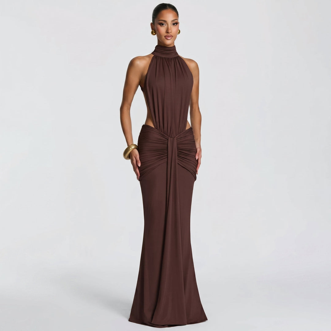 Elena - Women's Evening Halterneck Ruched Maxi Dress - Maxi Dress - Brown - Davies & Cooper