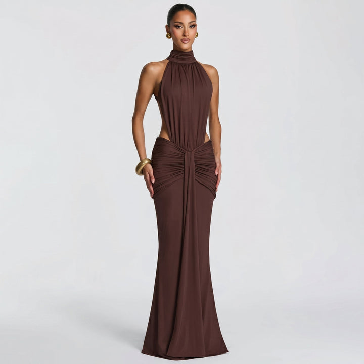 Elena - Women's Evening Halterneck Ruched Maxi Dress - Maxi Dress - Brown - Davies & Cooper