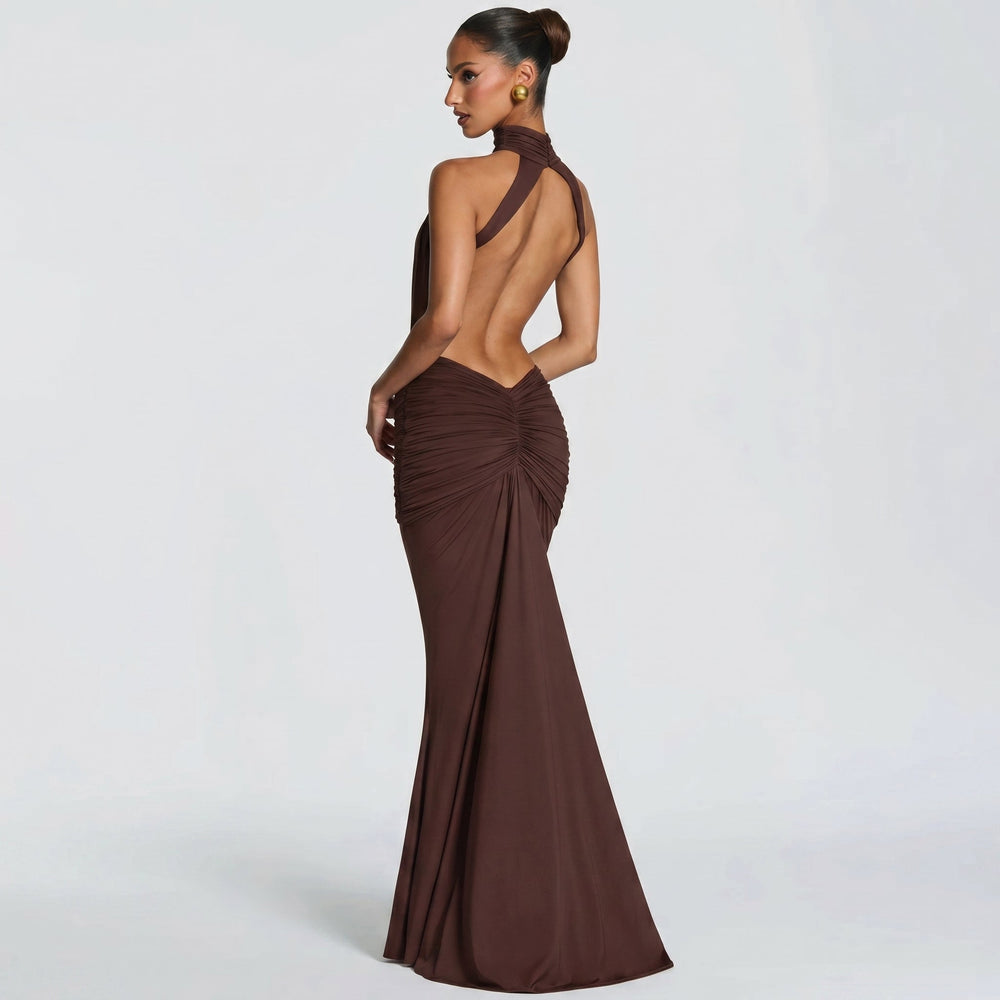 Elena - Women's Evening Halterneck Ruched Maxi Dress - Maxi Dress - Brown - Davies & Cooper