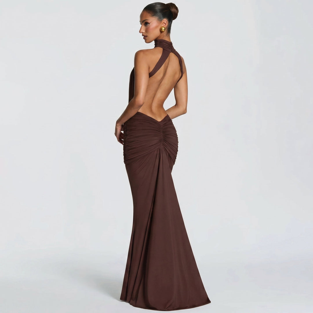Elena - Women's Evening Halterneck Ruched Maxi Dress - Maxi Dress - Brown - Davies & Cooper