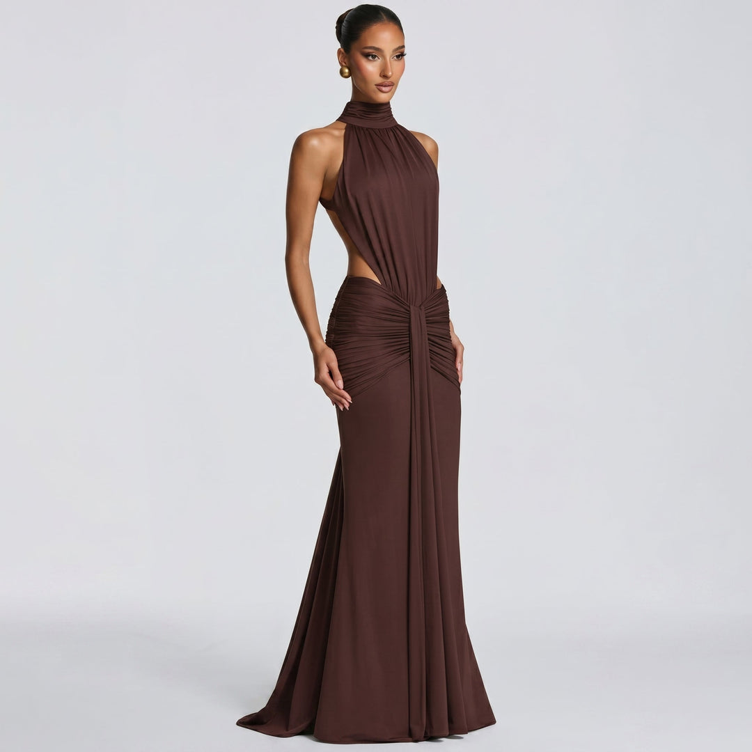 Elena - Women's Evening Halterneck Ruched Maxi Dress - Maxi Dress - Brown - Davies & Cooper