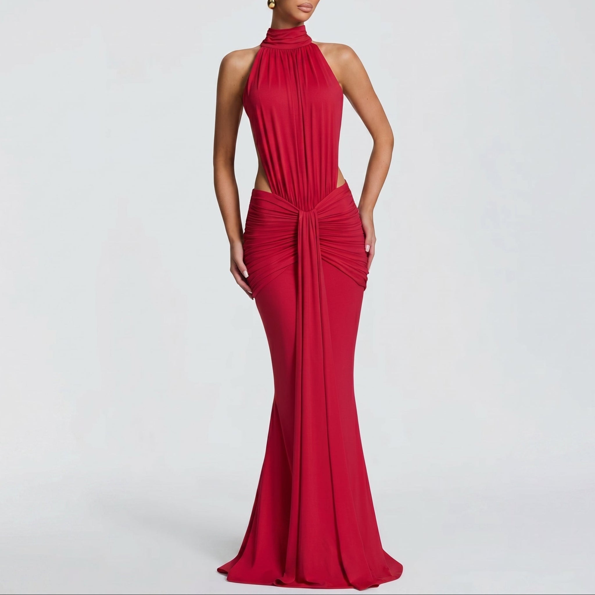 Elena - Women's Evening Halterneck Ruched Maxi Dress - Maxi Dress - Red - Davies & Cooper