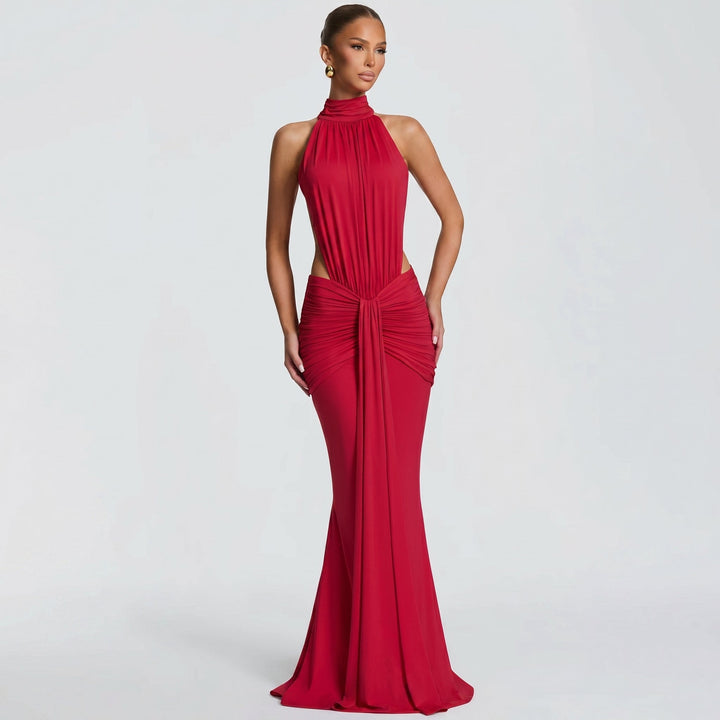 Elena - Women's Evening Halterneck Ruched Maxi Dress - Maxi Dress - Red - Davies & Cooper