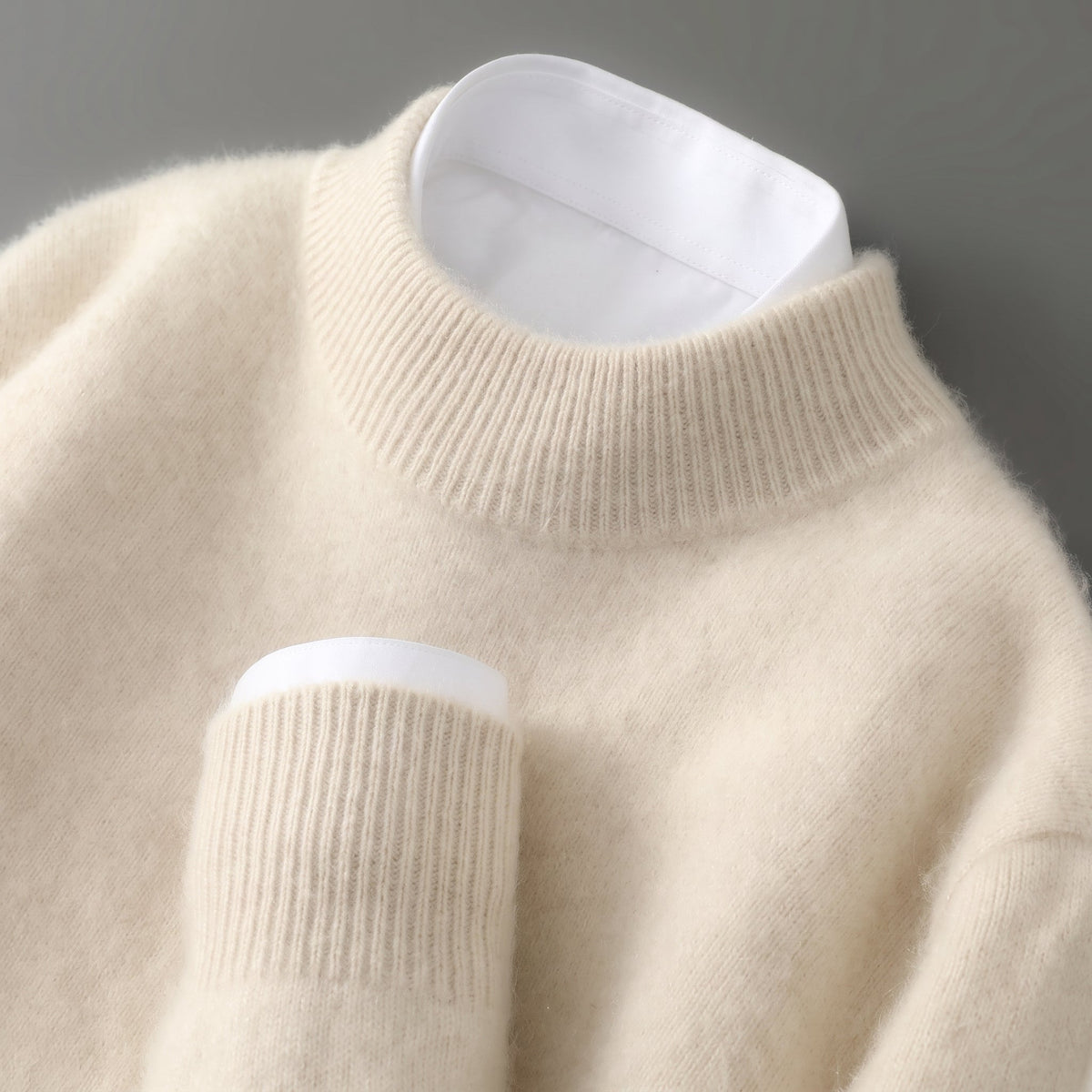 Elena - Women's Relaxed Fit Mock Neck Ribbed Trim Knit Jumper - Sweaters - Cream - Davies & Cooper