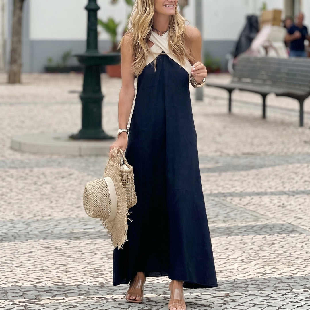 Elena - Women's Summer Cross Strap Maxi Dress - Maxi Dress - Navy Blue - Davies & Cooper