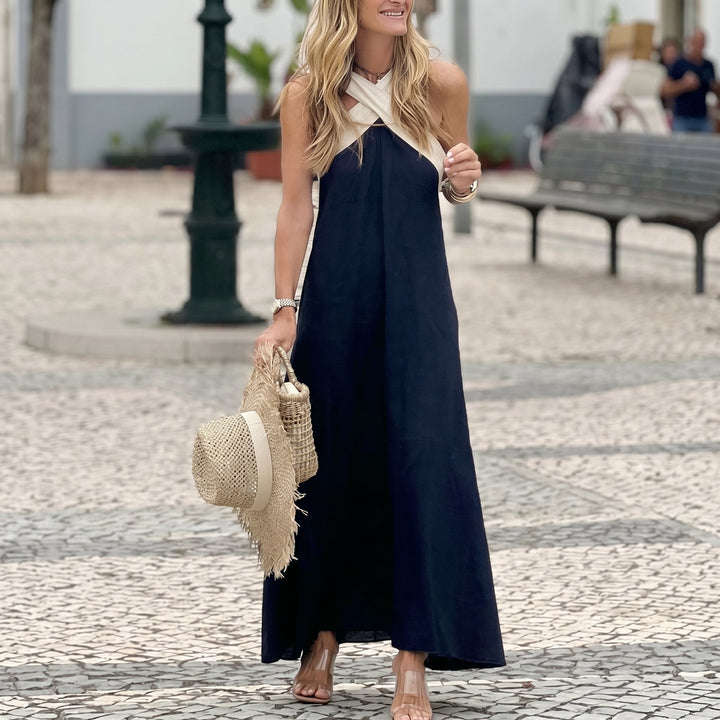 Elena - Women's Summer Cross Strap Maxi Dress - Maxi Dress - Navy Blue - Davies & Cooper