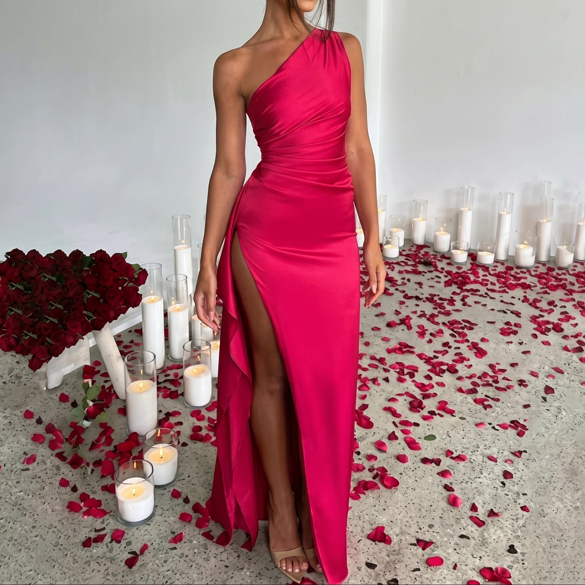 Elena - Women's Wedding Guest One-Shoulder Ruched Maxi Dress - Maxi Dresses - Red - Davies & Cooper