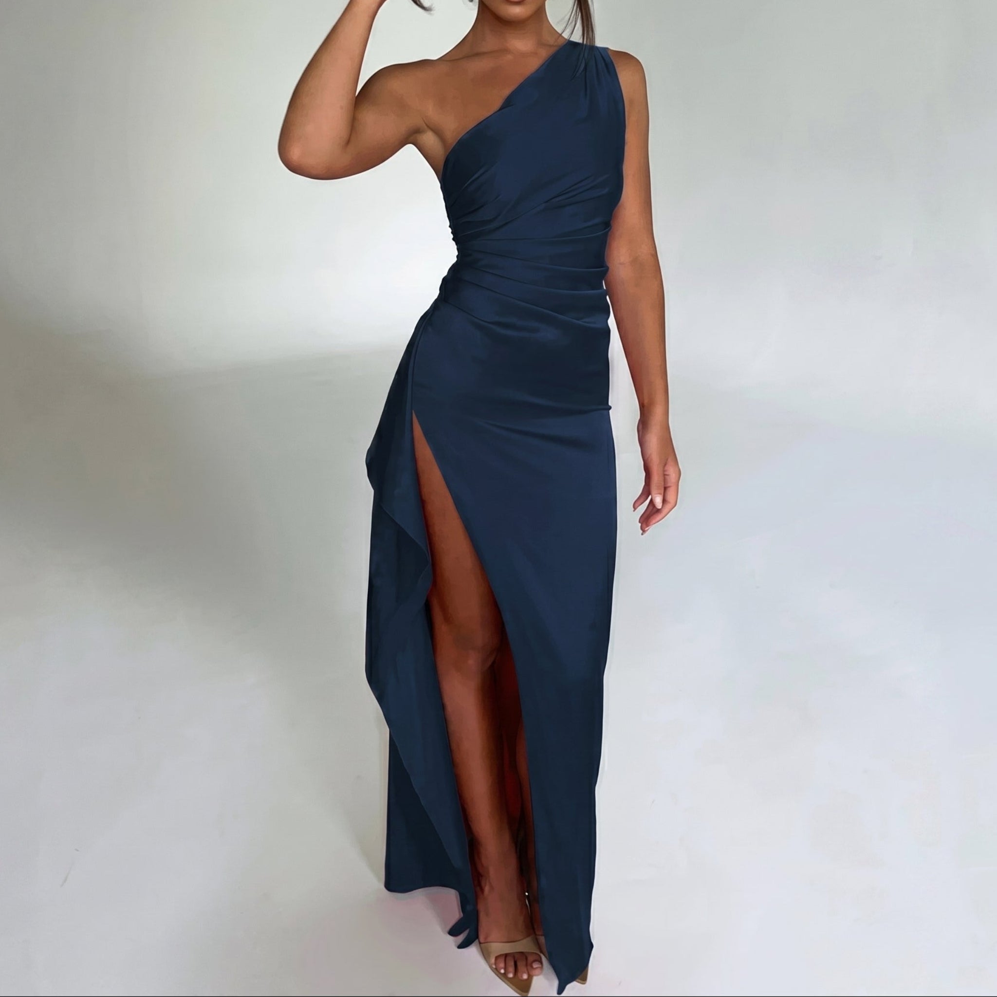 Elena - Women's Wedding Guest One-Shoulder Ruched Maxi Dress - Maxi Dresses - Dark Blue - Davies & Cooper