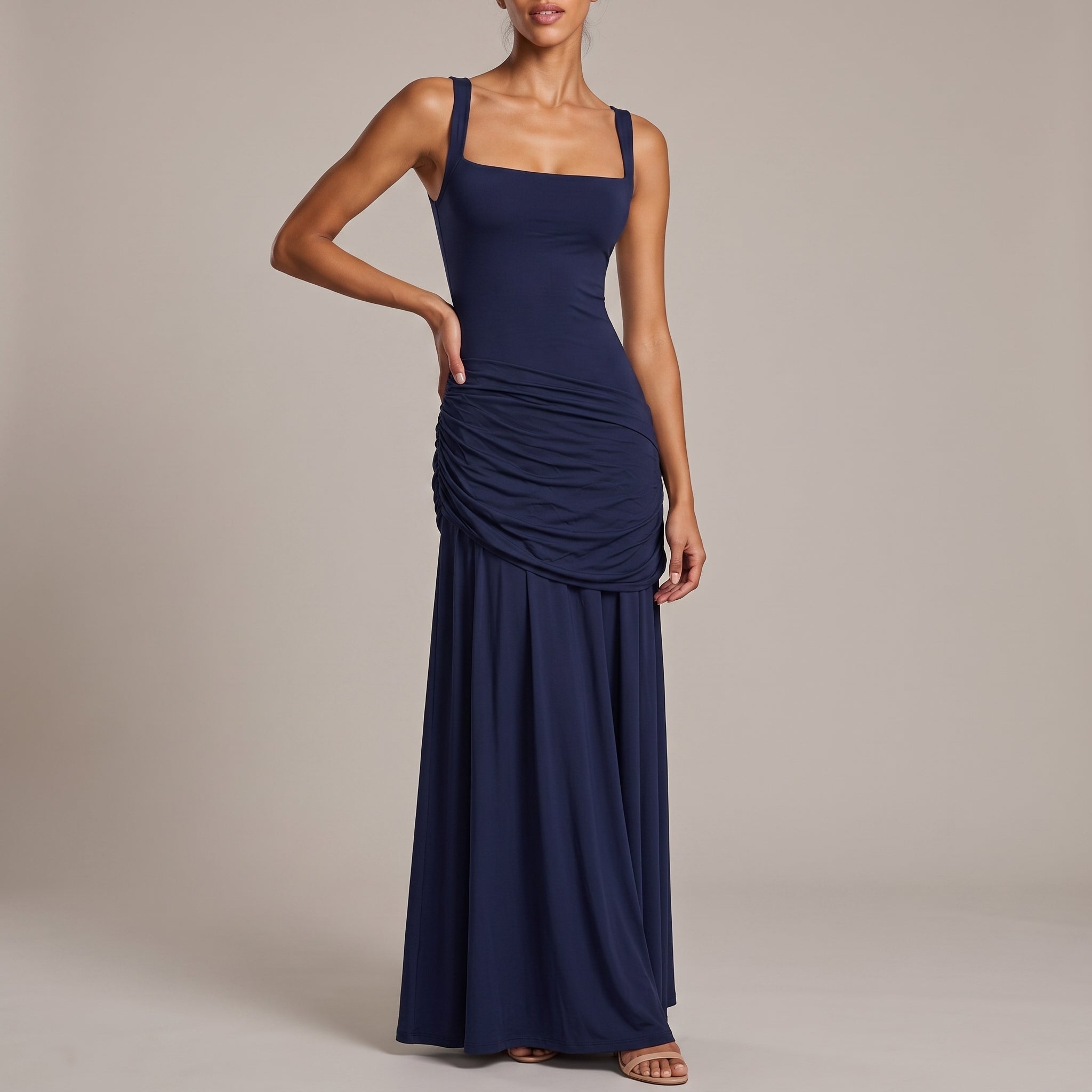 Elise - Women's Wedding Guest Ruched Maxi Dress - Maxi Dress - Dark Blue - Davies & Cooper