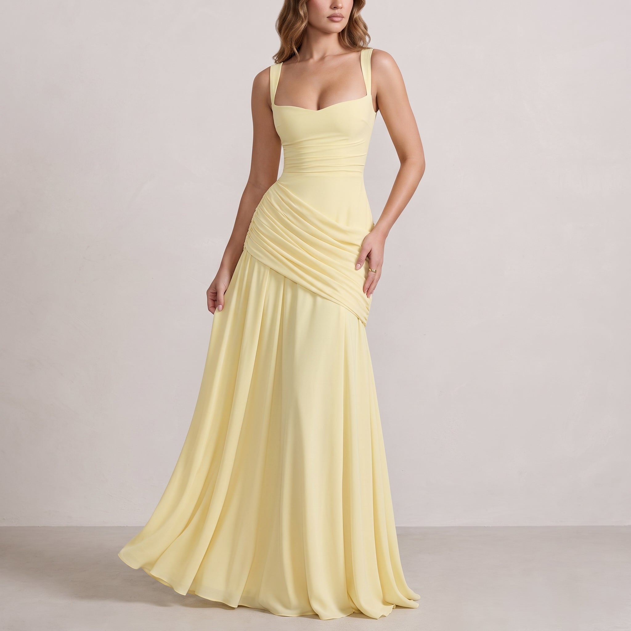 Elise - Women's Wedding Guest Ruched Maxi Dress - Maxi Dress - Yellow - Davies & Cooper