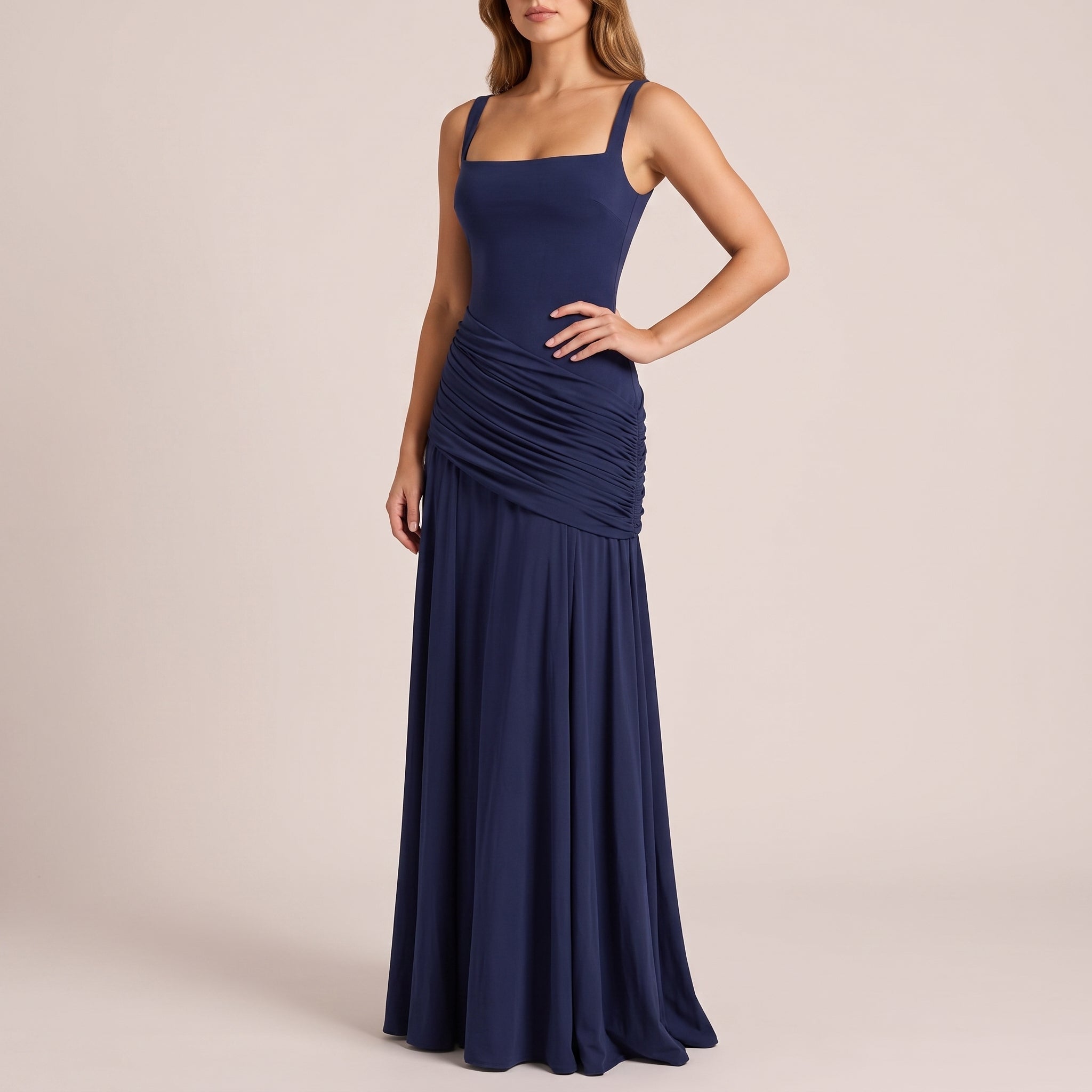 Elise - Women's Wedding Guest Ruched Maxi Dress - Maxi Dress - Dark Blue - Davies & Cooper