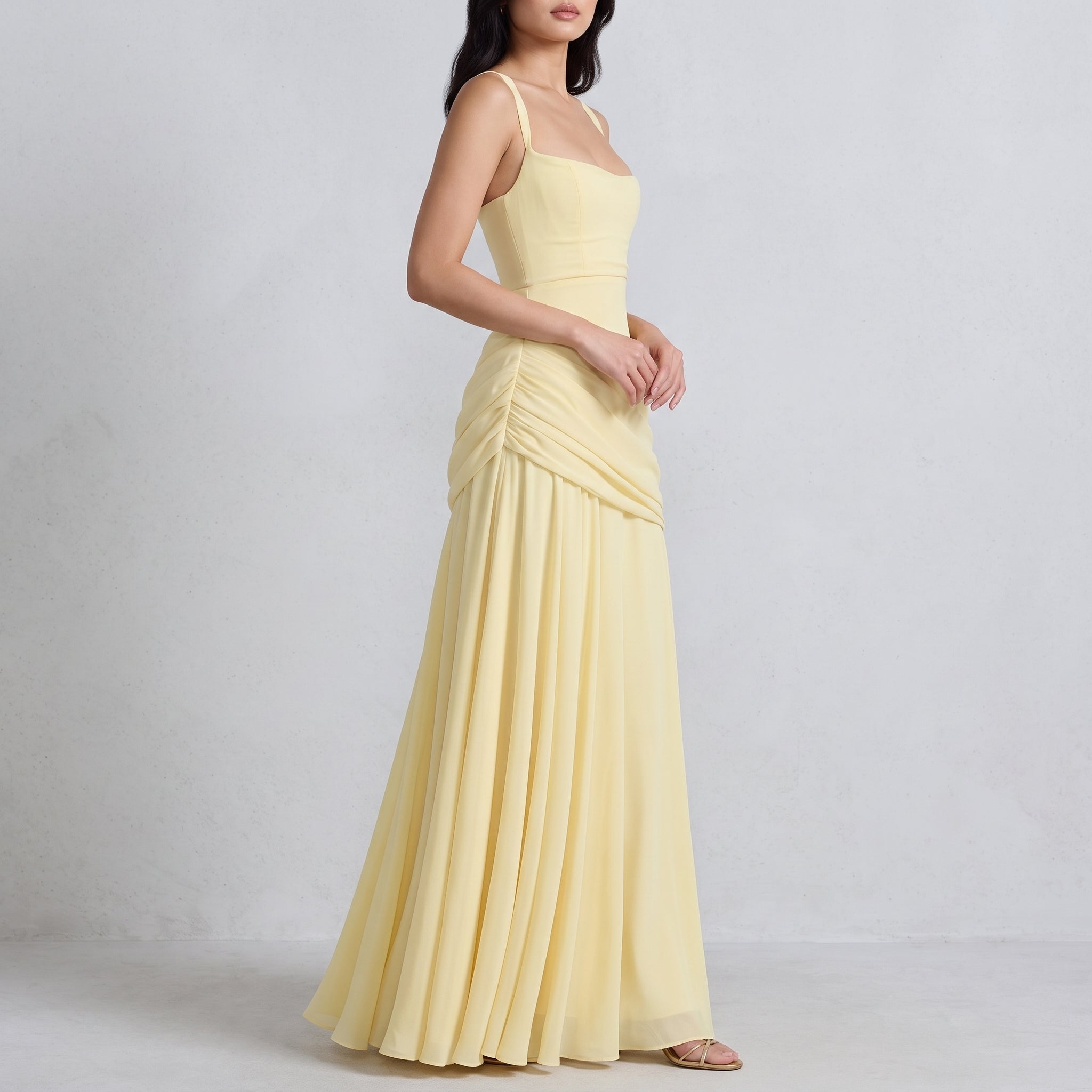 Elise - Women's Wedding Guest Ruched Maxi Dress - Maxi Dress - Yellow - Davies & Cooper