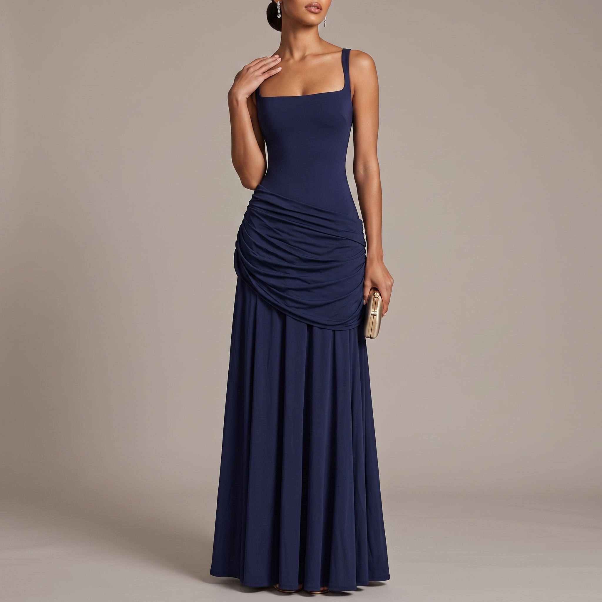Elise - Women's Wedding Guest Ruched Maxi Dress - Maxi Dress - Dark Blue - Davies & Cooper