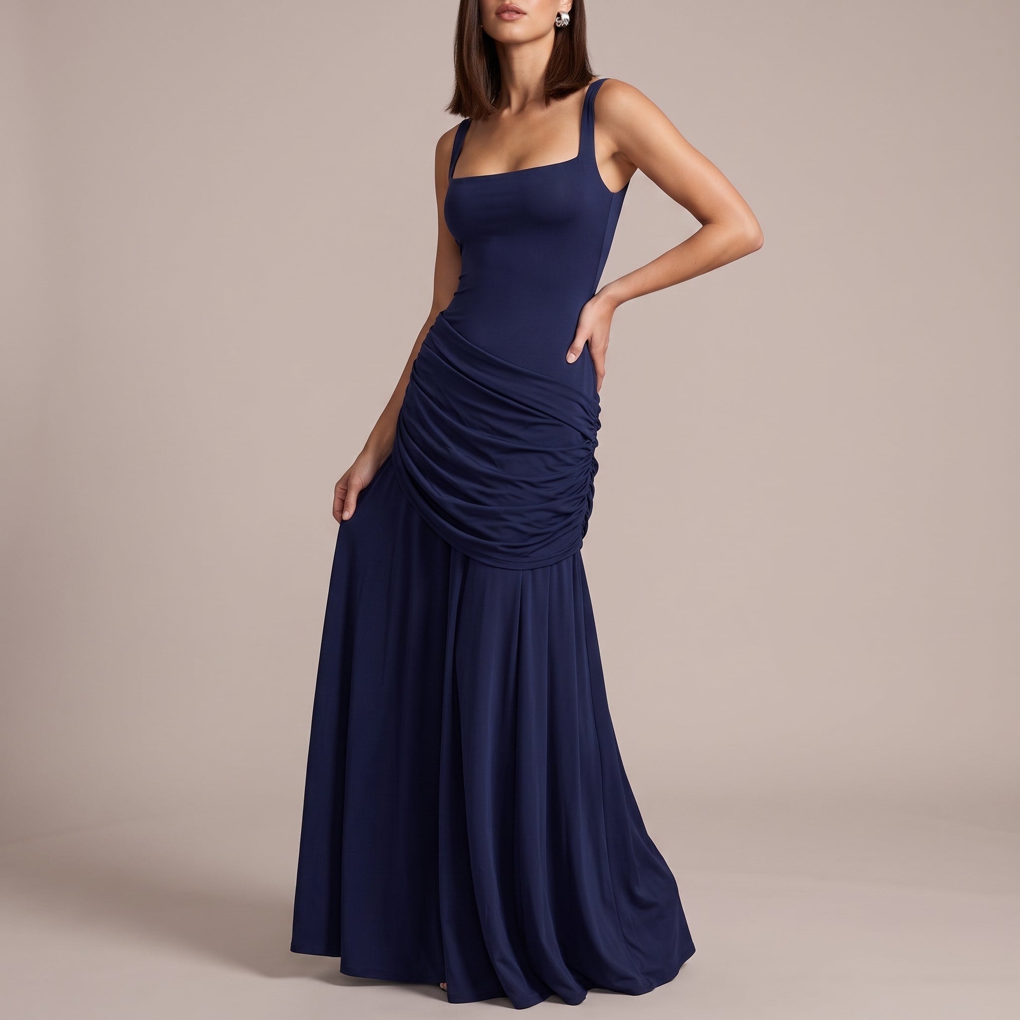 Elise - Women's Wedding Guest Ruched Maxi Dress - Maxi Dress - Dark Blue - Davies & Cooper