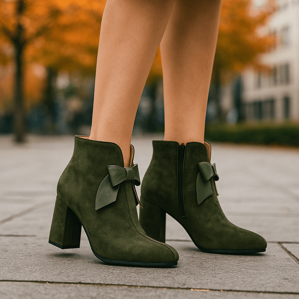 Eliza - Women's Block Heel Ankle Boots with Bow Detail - Boots - Olive Green - Davies & Cooper