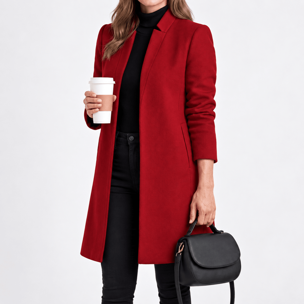 Eliza - Women's Tailored Longline Overcoat with Notch Lapel - Overcoats - Burgundy - Davies & Cooper