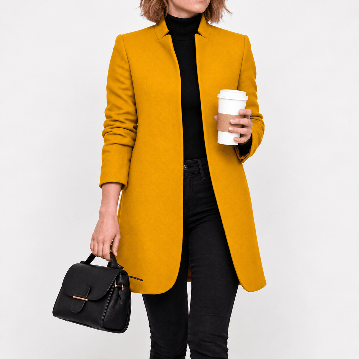 Eliza - Women's Tailored Longline Overcoat with Notch Lapel - Overcoats - Yellow - Davies & Cooper