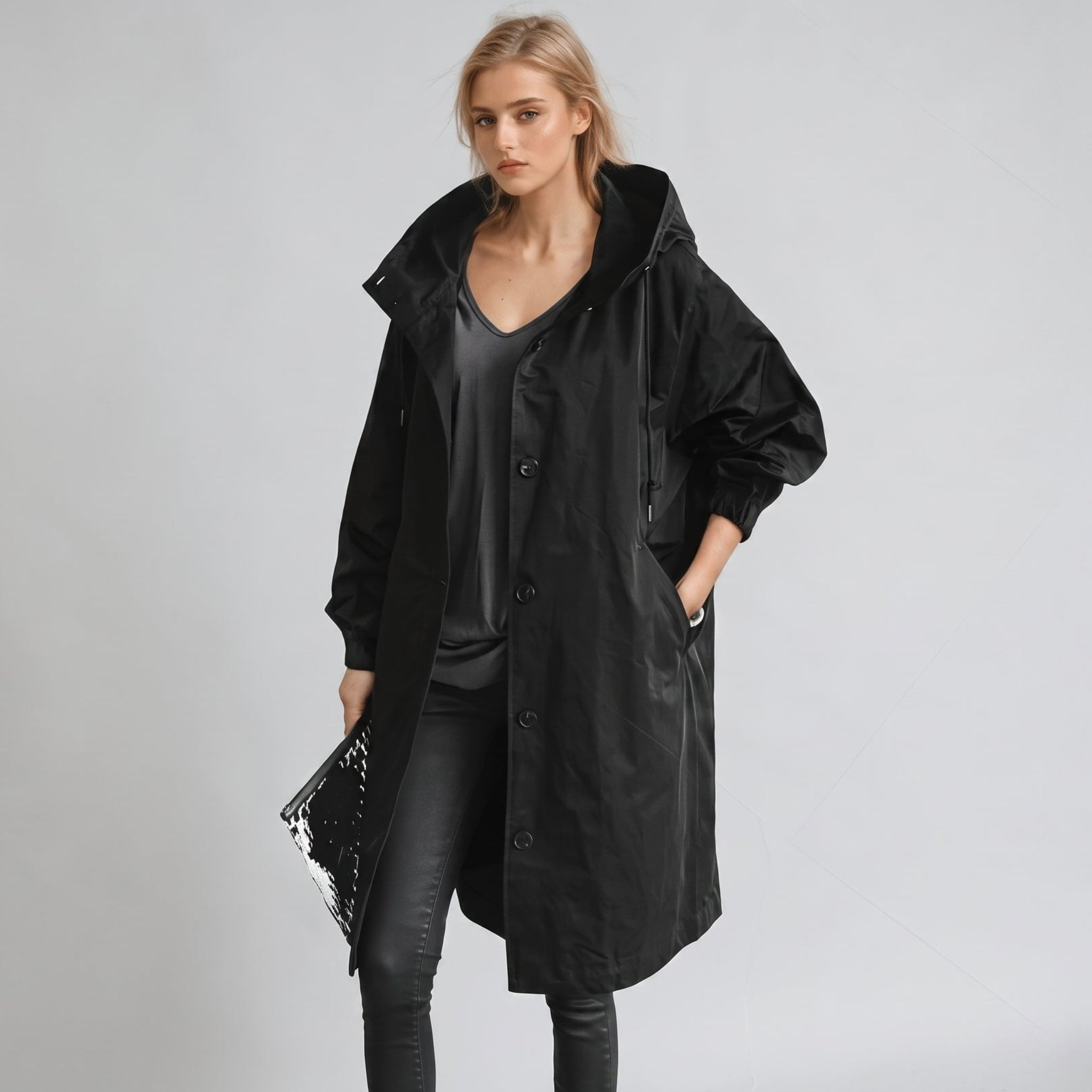 Elizabeth - Women's Oversized Hooded Trench Coat with Drawstring Waist - Black - Davies & Cooper
