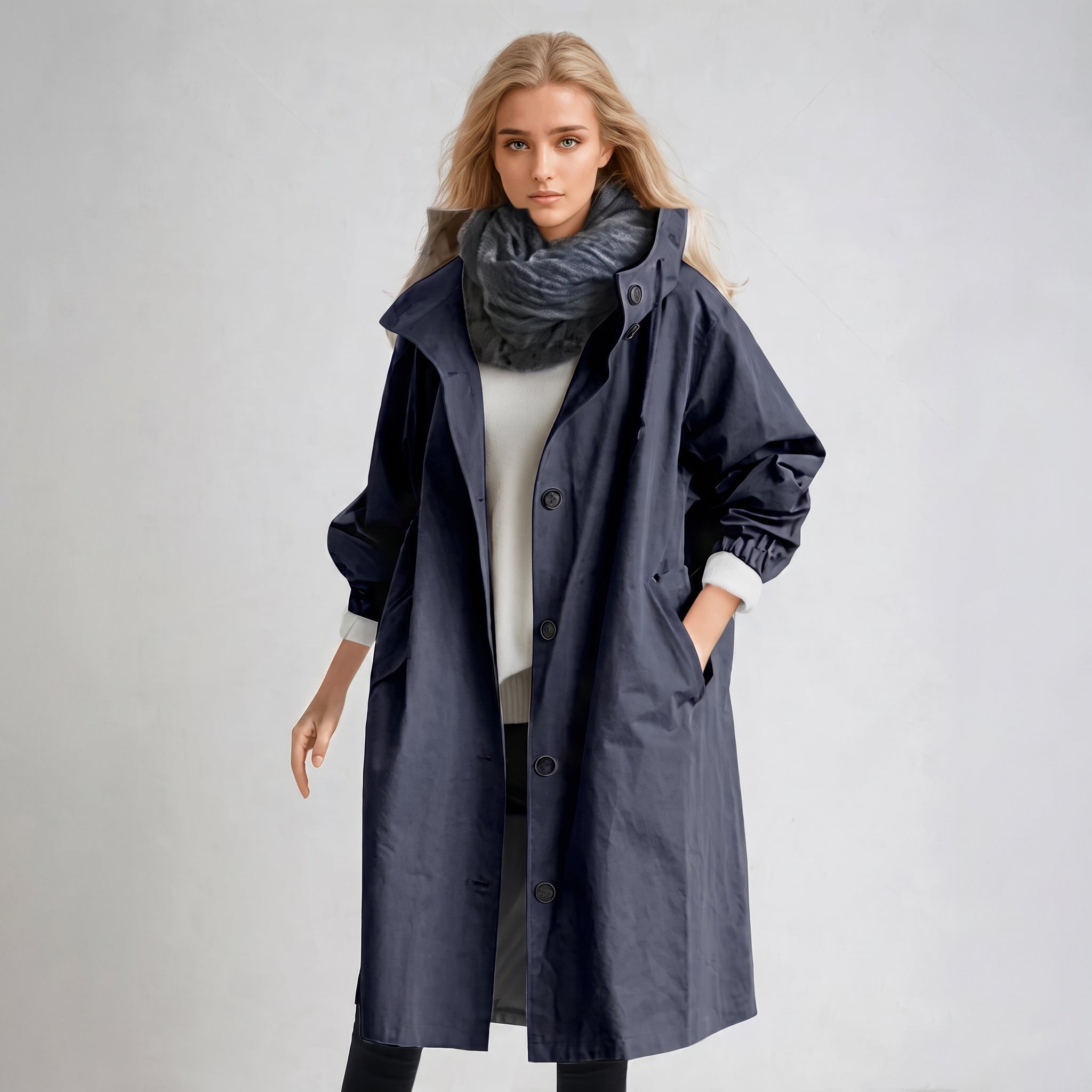 Elizabeth - Women's Oversized Hooded Trench Coat with Drawstring Waist - Navy Blue - Davies & Cooper